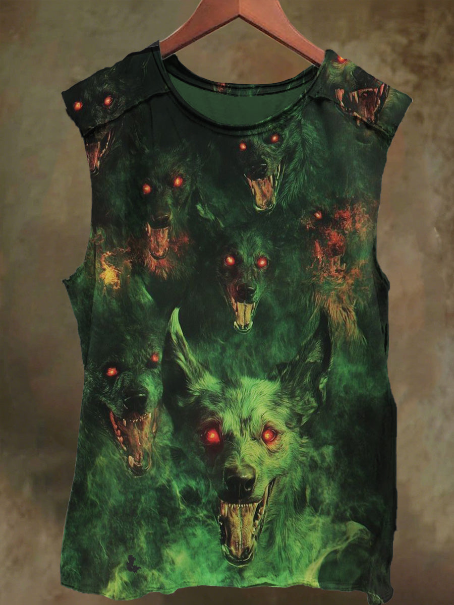 Unisex Glow-in-the-Dark Black Wolf Print Cotton Tank Top