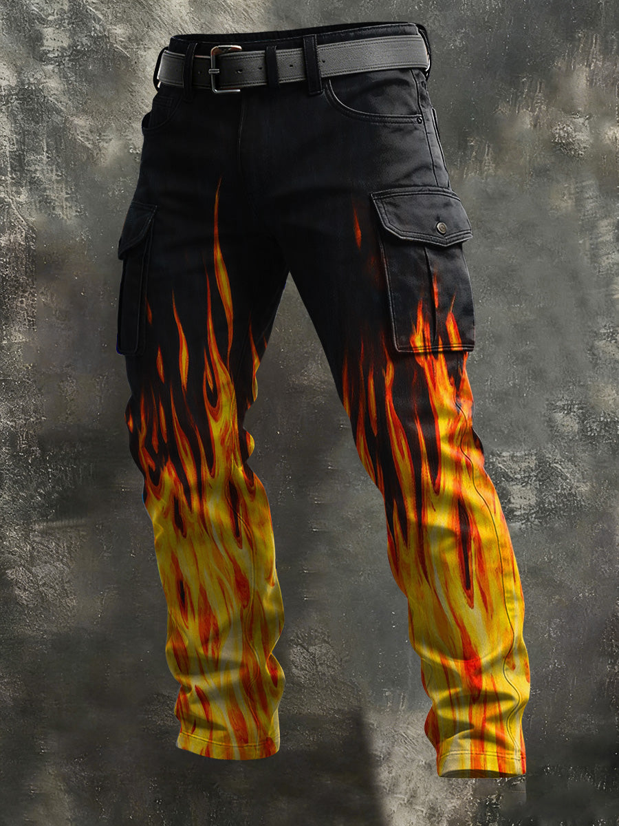 Men's Dark Gradient Flame Print Casual Pants
