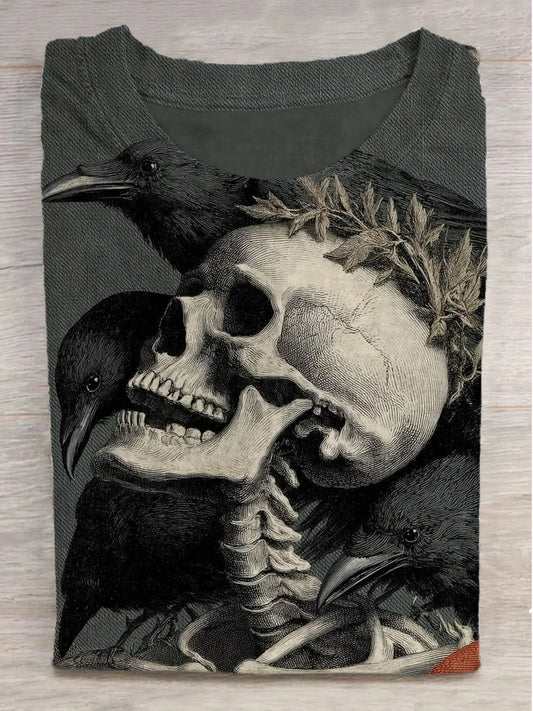 Skeleton Crow Print Crew Neck Short Sleeve T-Shirt