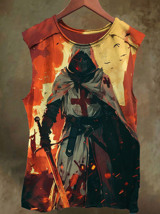 Unisex Flaming Crusader Graffiti Print Casual Cotton Tank Top