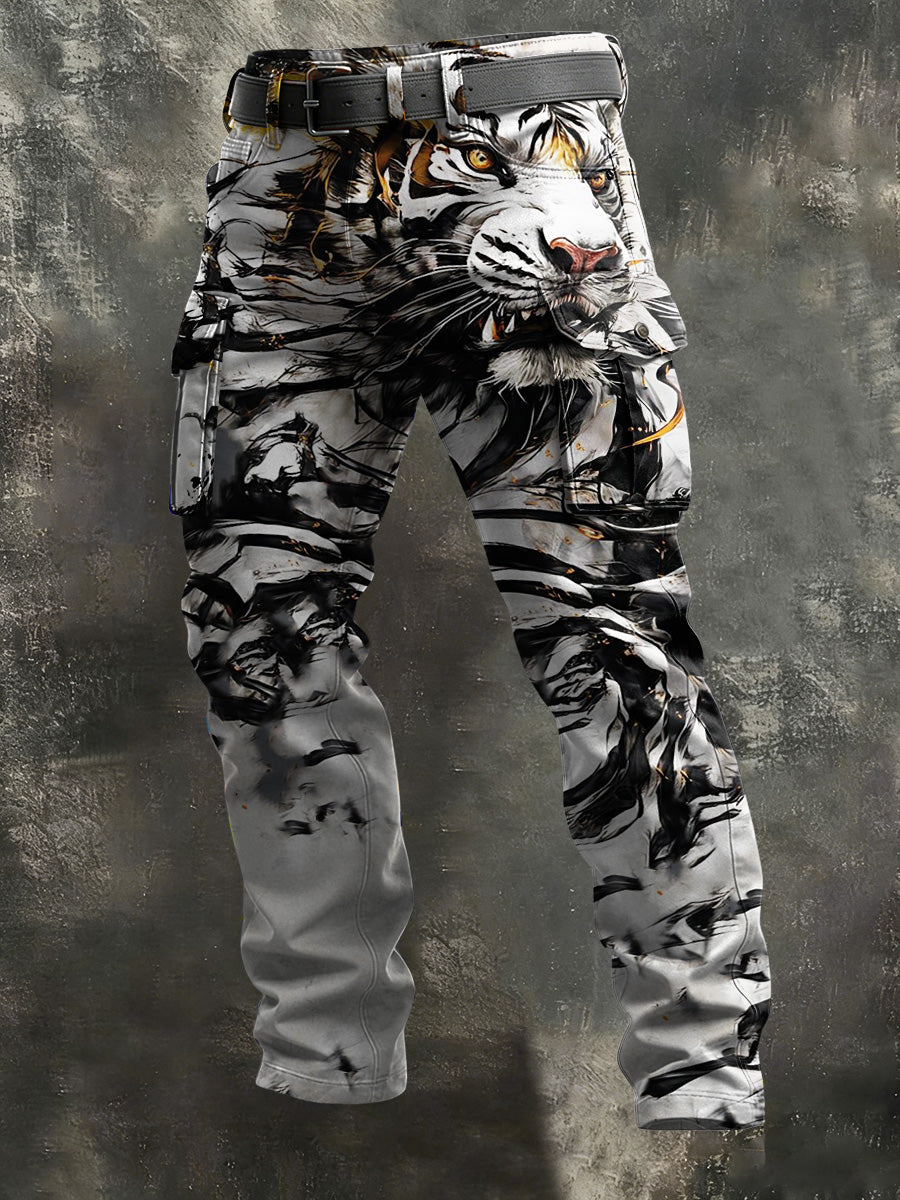 Men's White Tiger Print Casual Pants
