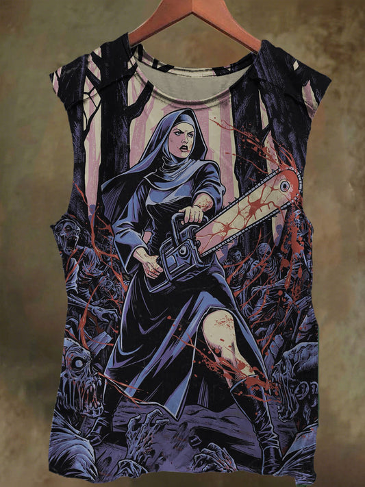 Unisex Dark Electric Saw Nun Print Casual Cotton Tank Top