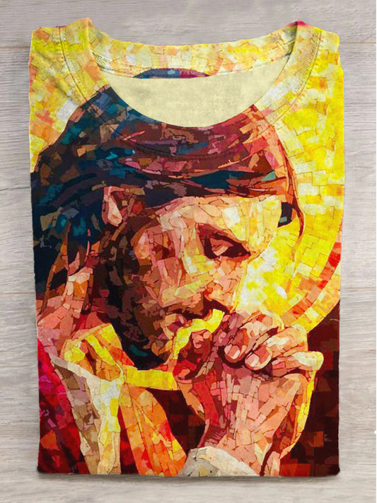 Jesus Prayer Print Round Neck Short Sleeve T-Shirt