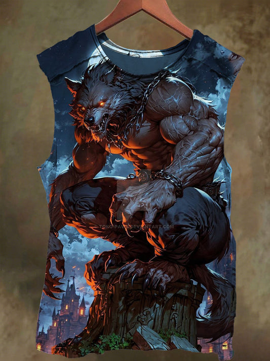 Unisex Muscular Wolf Beast Print Casual Cotton Tank Top