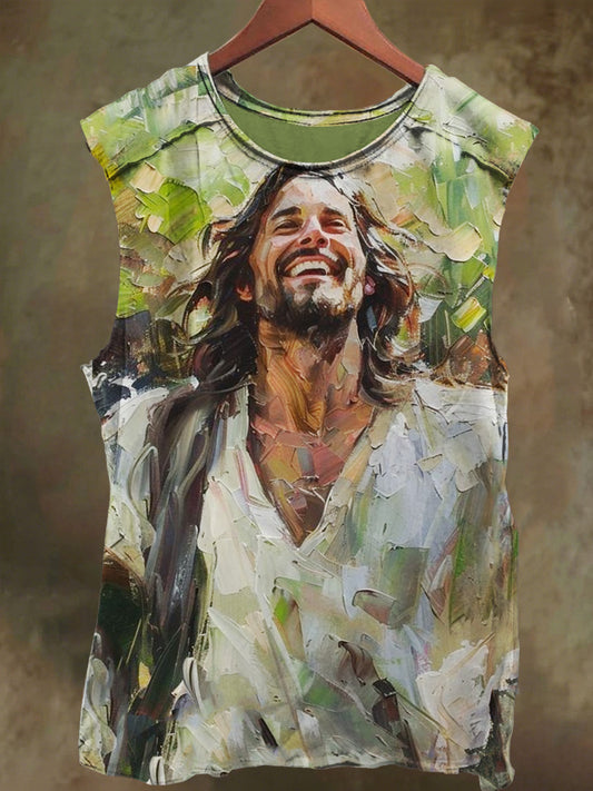 Unisex Garden Jesus Smiley Print Casual Cotton Tank Top