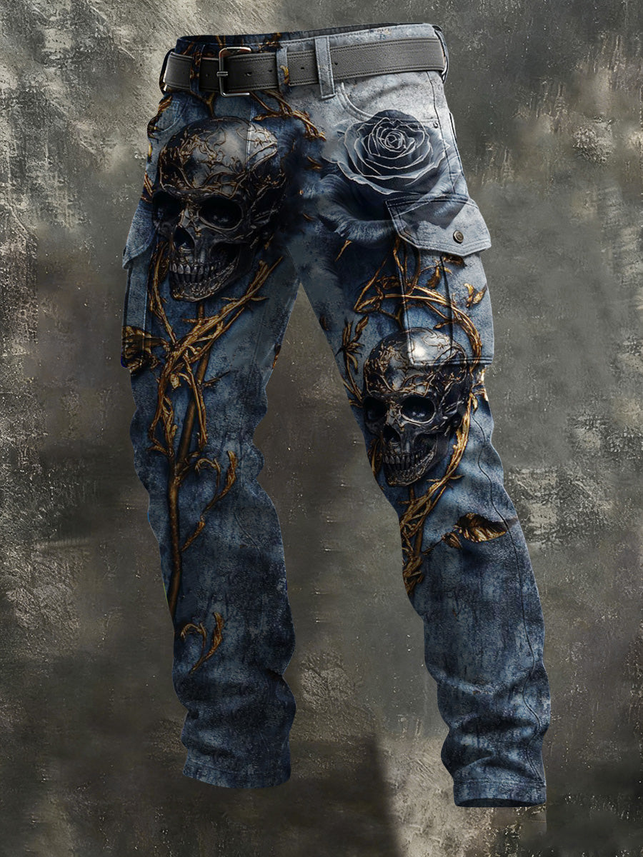 Men's Denim Rose Thorn Skull Print Casual Trousers