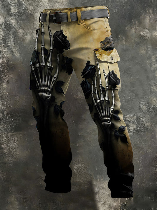 Men's Gothic Rose Skull Palm Print Casual Pants