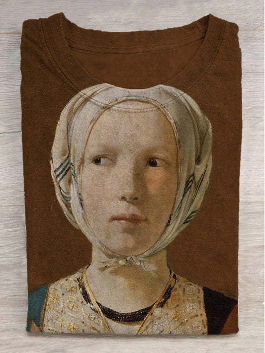 Retro European-Style Floral Print Crew Neck Short-Sleeve T-Shirt
