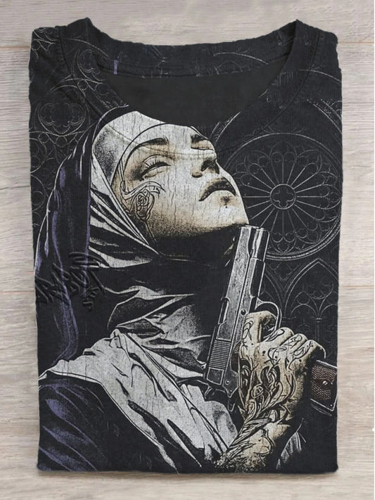 Nun and Gun Print Crew Neck Short Sleeve T-Shirt
