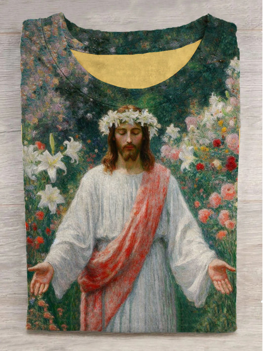 Wreath Jesus Print Crew Neck Short Sleeve T-Shirt