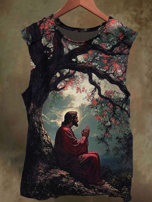 Unisex Tree-Under Prayer Print Casual Cotton Tank Top