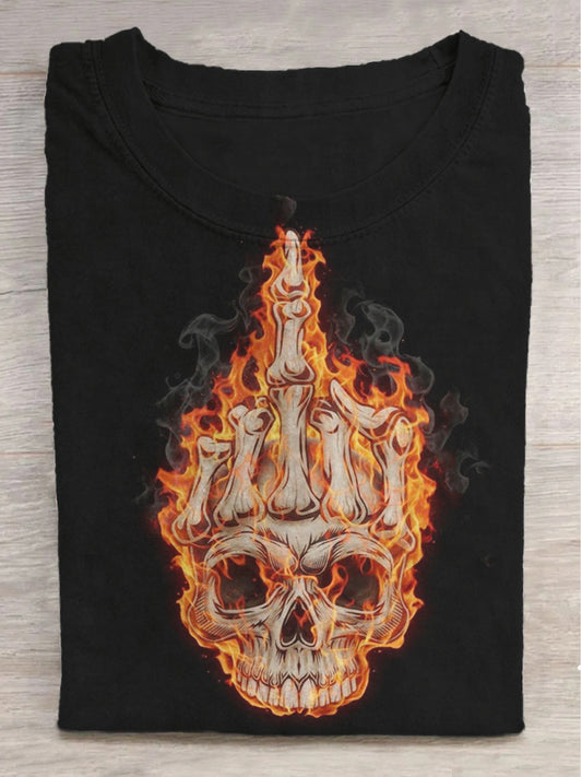 Skull Middle Finger Flame Print Crew Neck Short Sleeve T-Shirt