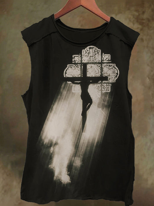 Unisex Cross-Print Light-Colored Casual Cotton Tank Top