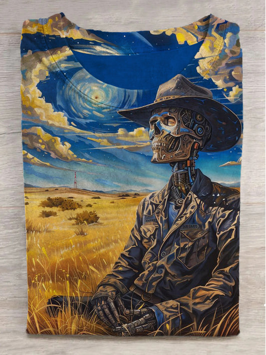 Mechanical Grassland Skeleton Print Crew Neck Short Sleeve T-Shirt