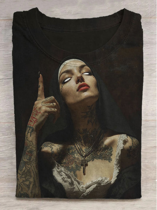 Nun Print Crew Neck Short Sleeve T-Shirt