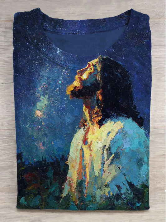 Starry Sky Jesus Print Crew Neck Short Sleeve T-Shirt