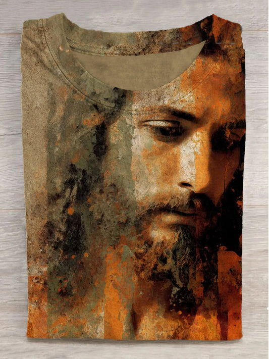Jesus Oil Painting Print Crew Neck Short Sleeve T-Shirt