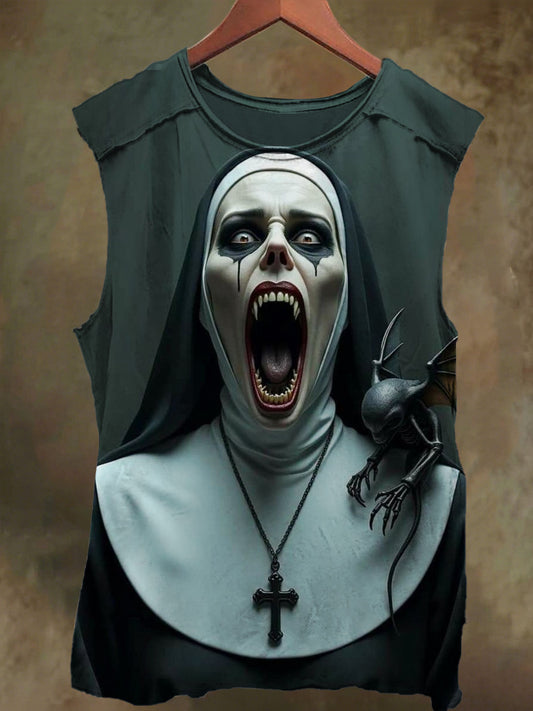 Unisex Horror Nun and Bat Print Casual Cotton Tank Top