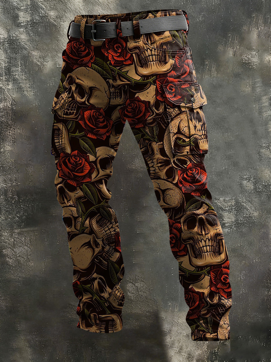 Men's Vintage Skull and Rose Print Casual Trousers