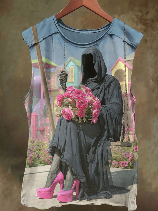 Unisex Face-less Rose Girl Print Casual Cotton Tank Top