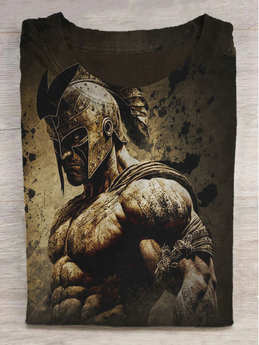Muscle Gladiator Warrior Print Crew Neck Short Sleeve T-Shirt