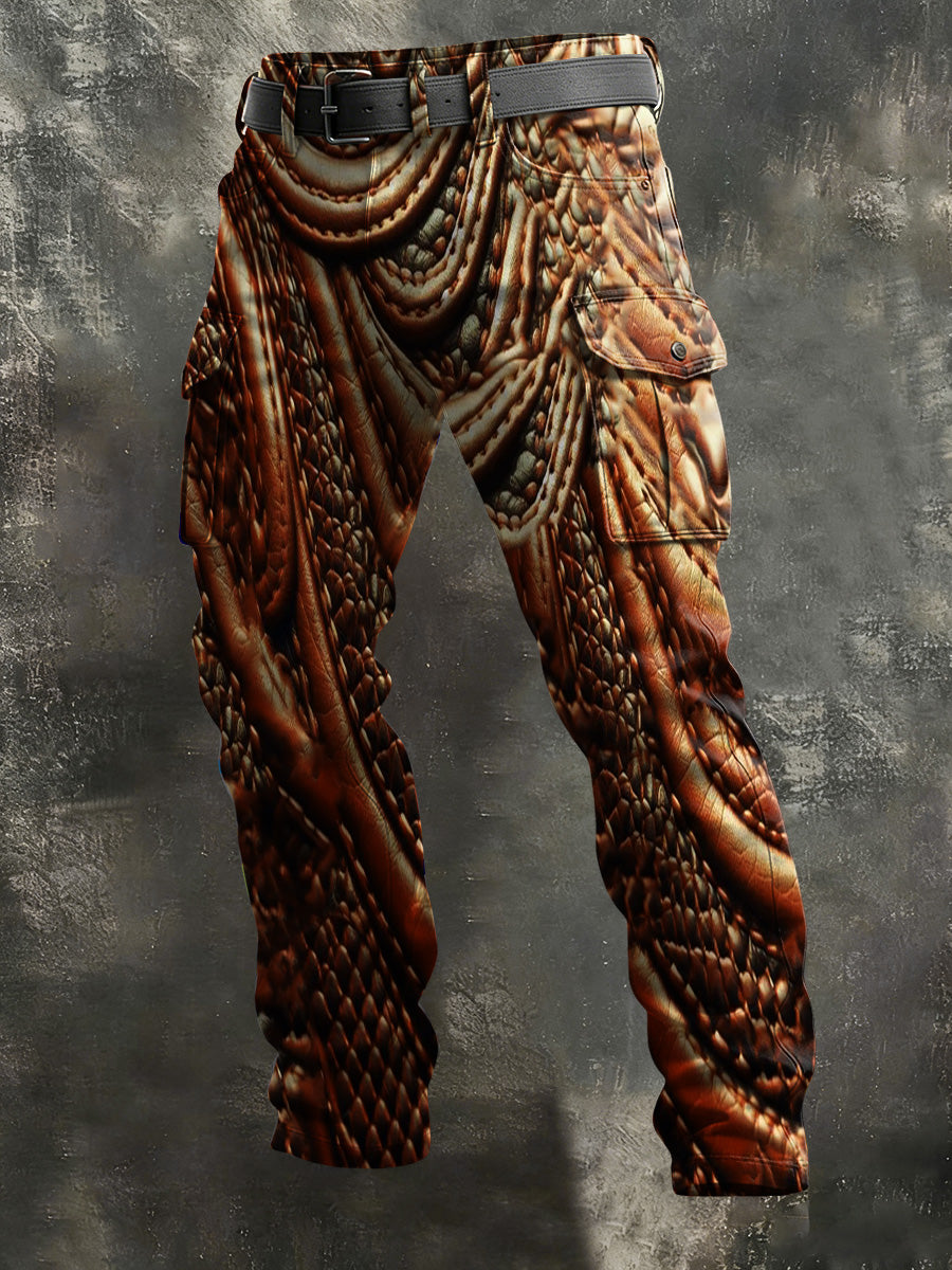 Men's Vintage Leather-Textured Print Casual Trousers