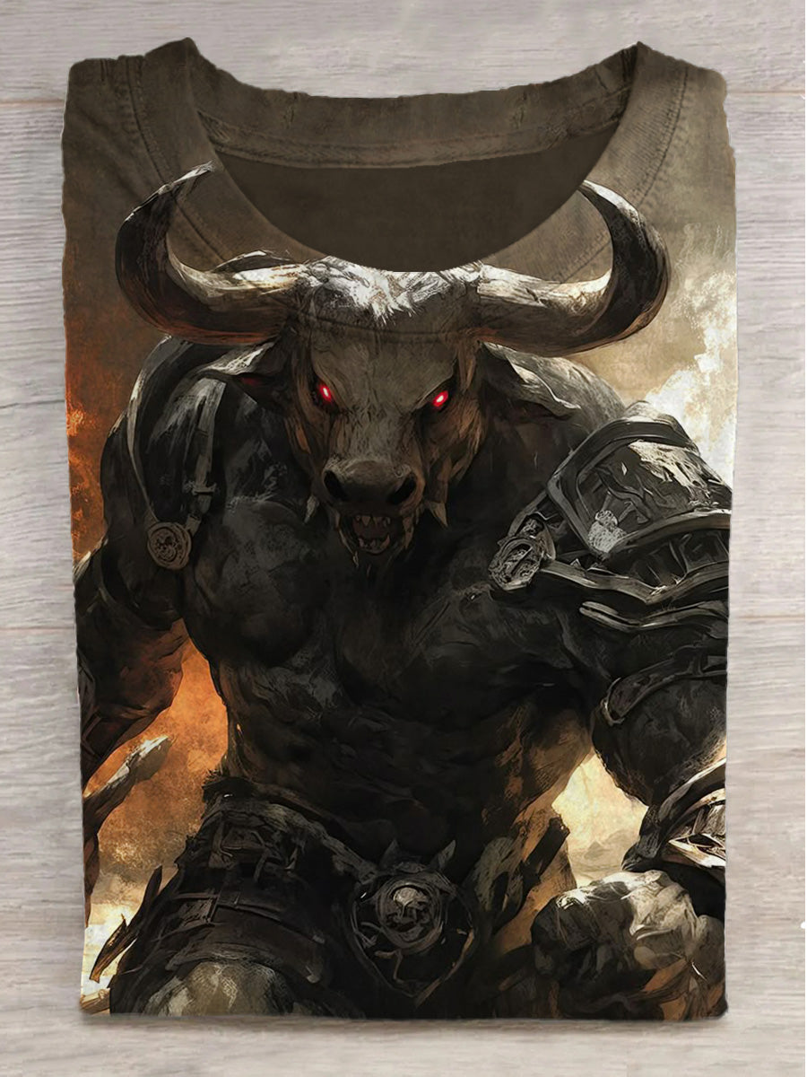 Bull Demon King Warrior Print Crew Neck Short Sleeve T-Shirt