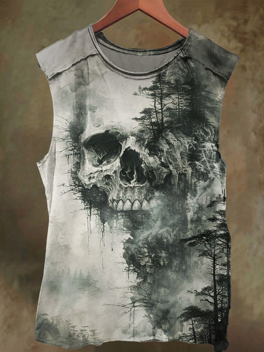Unisex Ink-Washed Skeleton Print Casual Cotton Tank Top
