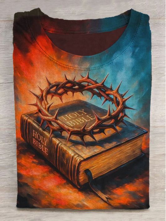 Thorns and Bible Print Crew Neck Short Sleeve T-Shirt