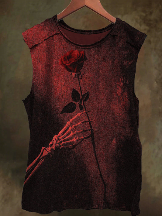 Unisex Midnight Skeleton Rose Print Casual Cotton Tank Top