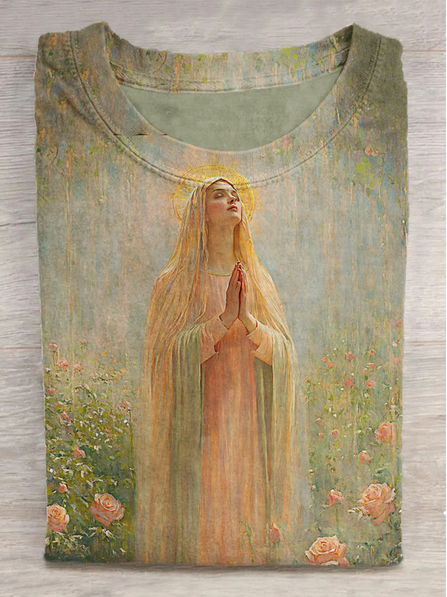 Garden Prayer Virgin Mary Print Crew Neck Short Sleeve T-Shirt