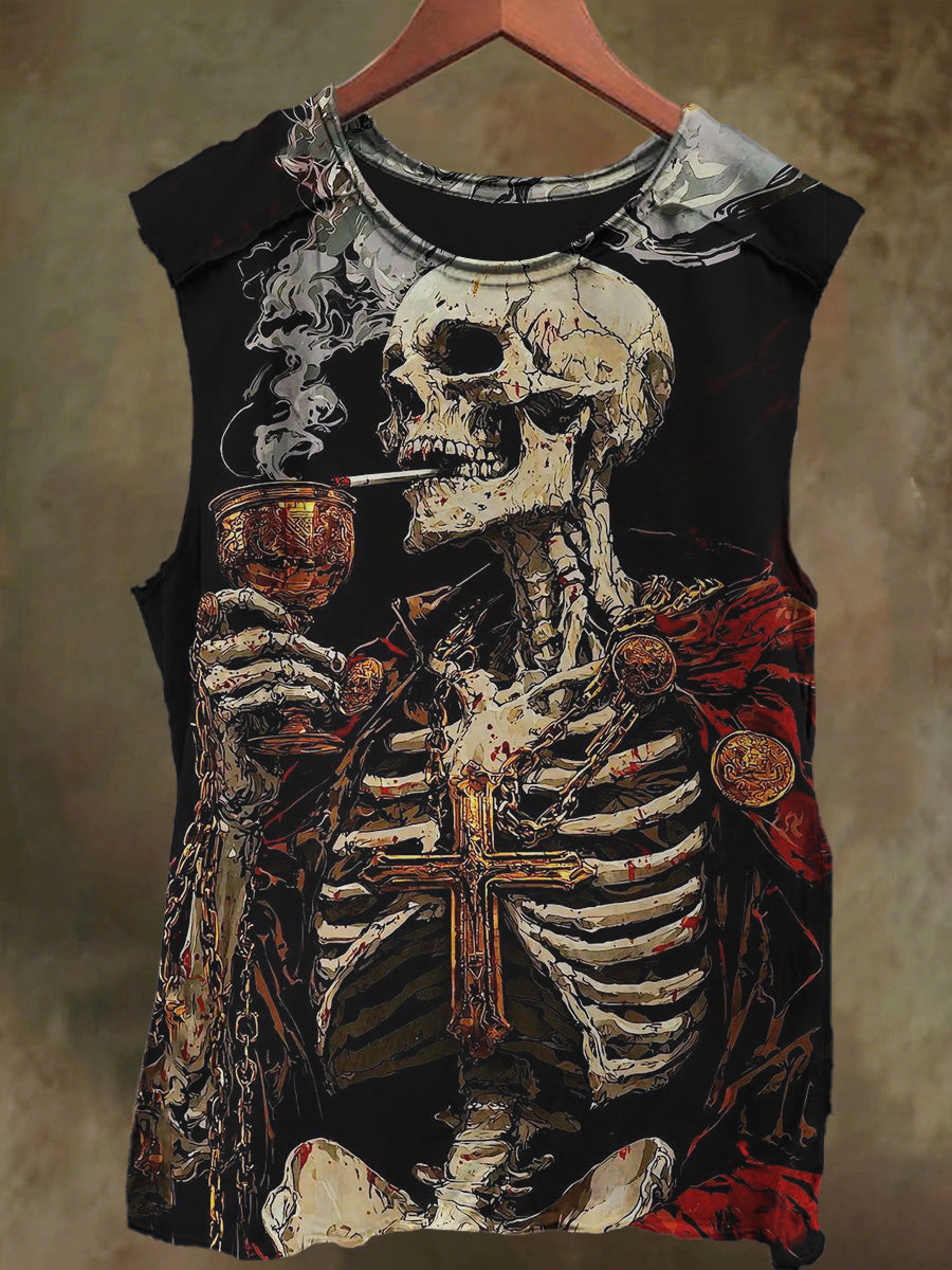 Unisex Skeleton Wine Print Casual Cotton Tank Top