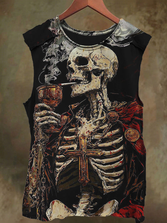 Unisex Skeleton Wine Print Casual Cotton Tank Top