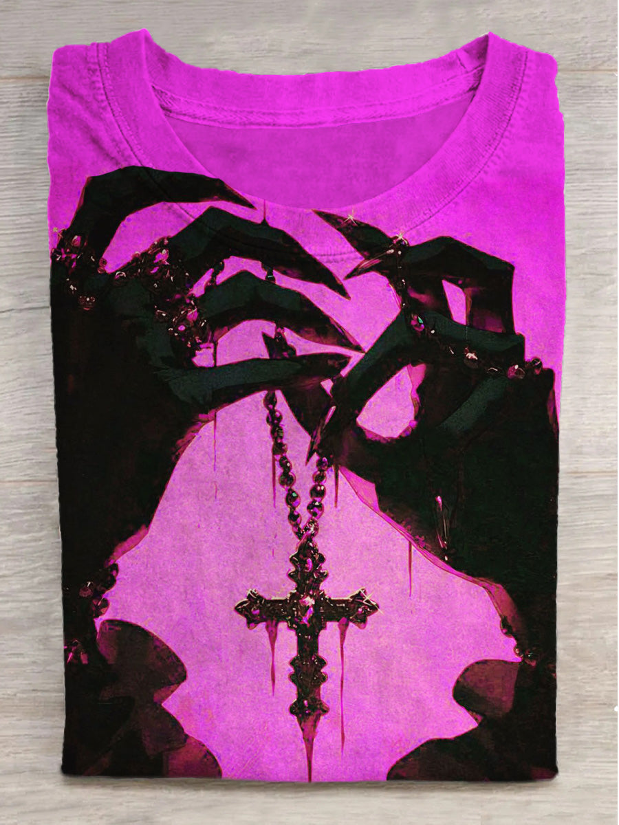 Witch Cross Print Crew Neck Short Sleeve T-Shirt