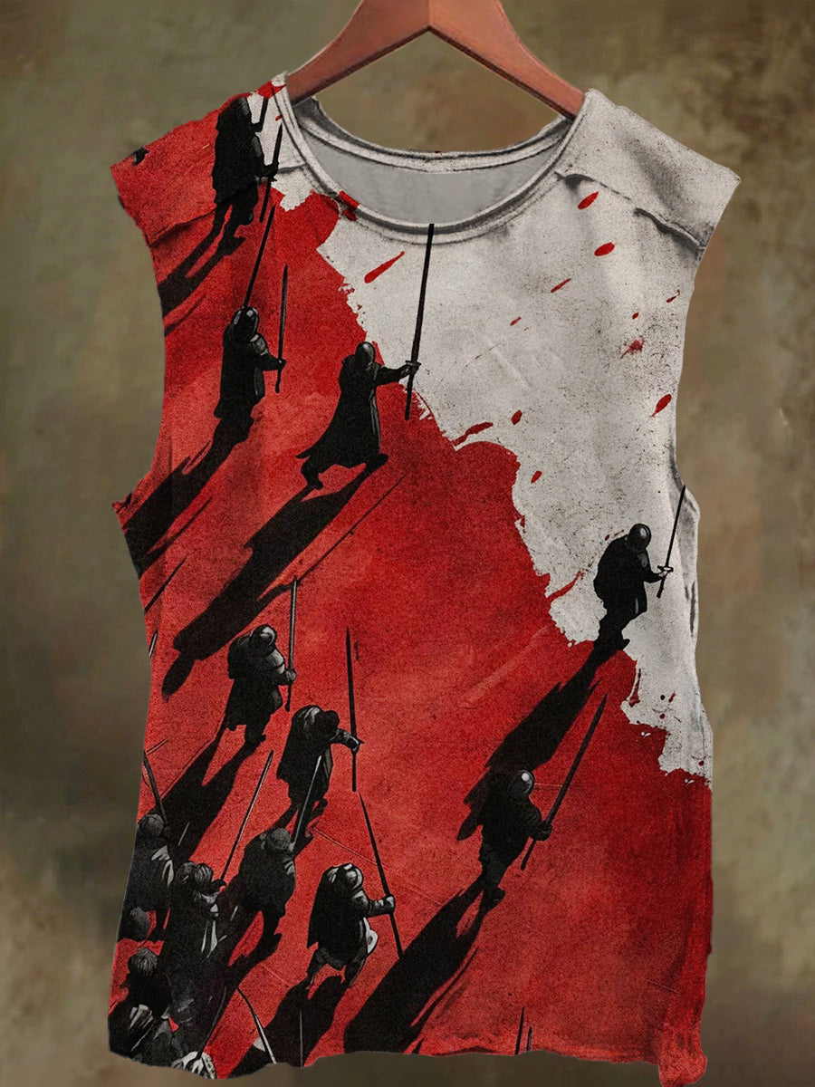 Unisex Blood-Red Warrior Print Casual Cotton Tank Top