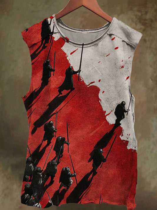 Unisex Blood-Red Warrior Print Casual Cotton Tank Top