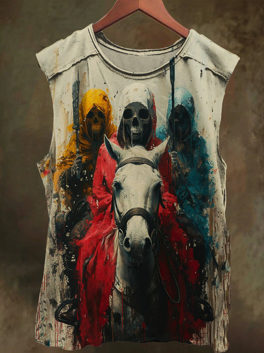 Neutral-tone distressed paint skull print casual cotton tank top