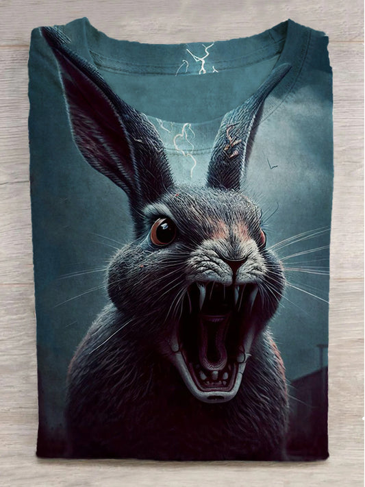 Screaming Rabbit Print Crew Neck Short Sleeve T-Shirt