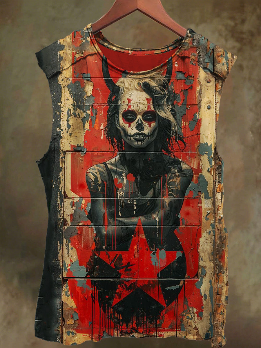 Unisex Horned Skull Print Women's Casual Cotton Tank Top