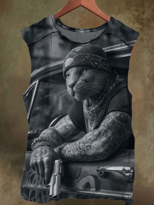 Unisex Tattoo Cat Print Casual Cotton Tank Top