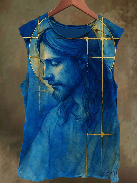 Unisex Gold-Edged Jesus Print Casual Cotton Tank Top
