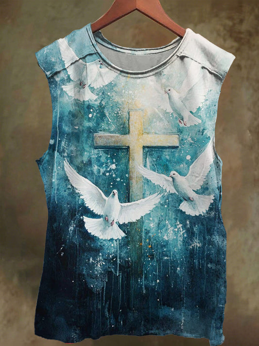 Unisex Gradient Cross and Dove Print Cotton Tank Top