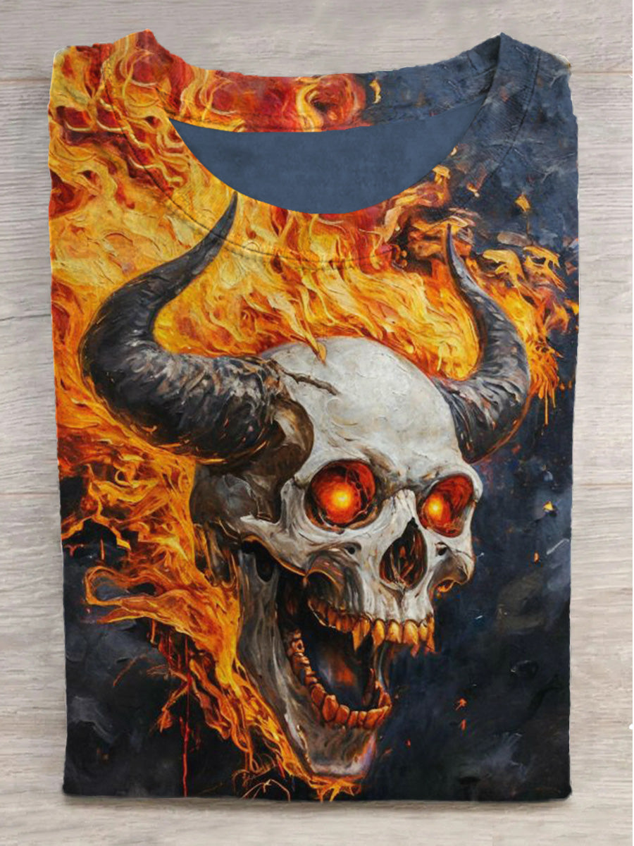 Flame Horned Skull Print Crew Neck Short Sleeve T-Shirt
