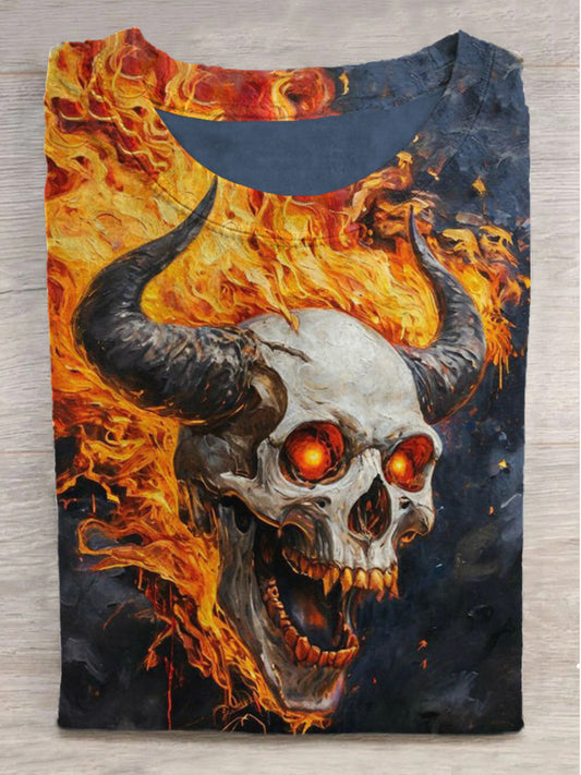 Flame Horned Skull Print Crew Neck Short Sleeve T-Shirt