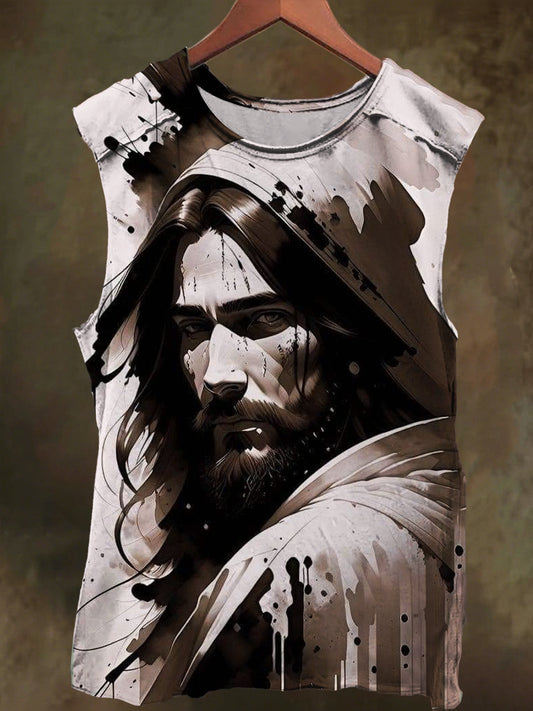 Unisex Ink-Washed Jesus Print Casual Cotton Tank Top
