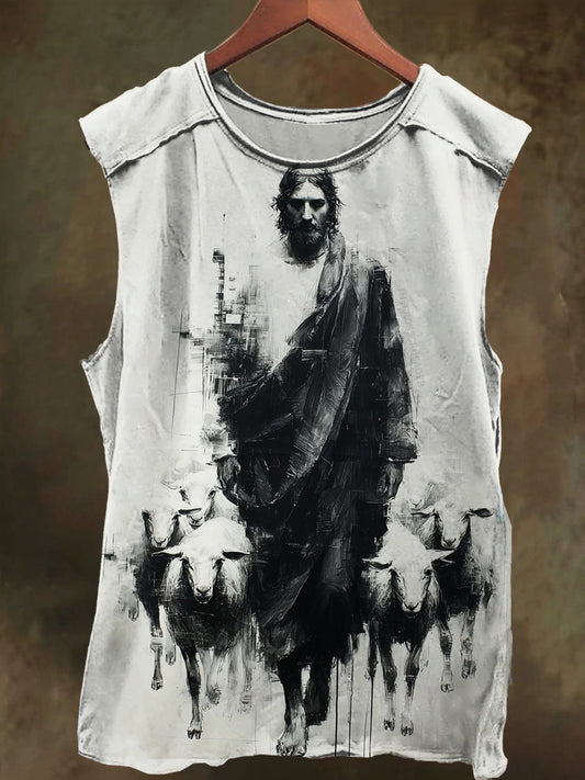 Unisex Ink-Washed Jesus Lamb Print Casual Cotton Tank Top