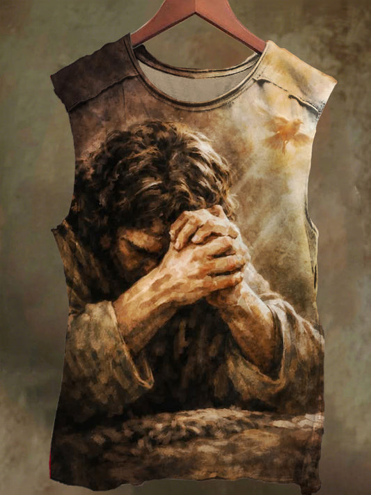 Unisex Jesus Prayer for Peace Print Casual Cotton Tank Top