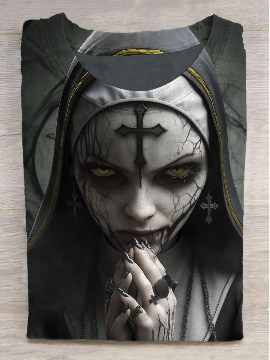 Cross Gothic Nun Print Crew Neck Short Sleeve T-Shirt