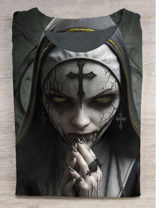 Cross Gothic Nun Print Crew Neck Short Sleeve T-Shirt