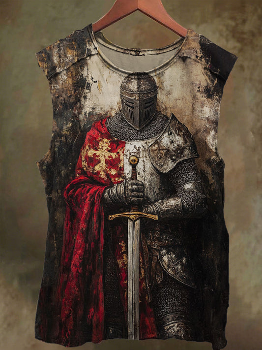 Unisex Vintage-Washed Cross Knight Print Casual Cotton Tank Top